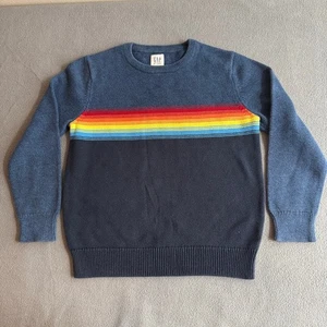 GAP Kids Crazy Stripe Crew Neck Long Sleeve Sweater Boys 8 Blue Rainbow Cotton - Picture 1 of 10