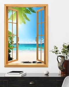 Window View Ocean Wather Palm Beach 10 Deco Dream Print Vacation POSTER / CANVAS - Picture 1 of 4