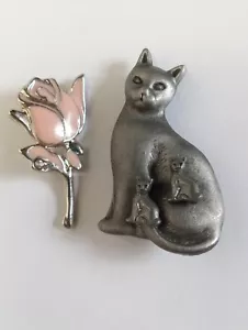 Gray Mother Cat Brooch with Kittens Earrings, Plus Enameled Pink Flower Brooch - Picture 1 of 7