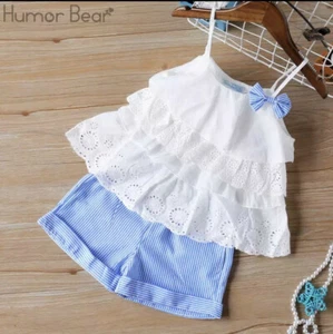 Summer Two-Piece Suit Girl T-Shirt Shorts White-Blue 4-7 Years High Quality NEW - Picture 1 of 2
