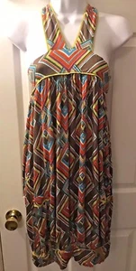 T-Bags Jersey Knit Dress Geometric Stretch Tunic Jumper Orange Blue Brown Sz M - Picture 1 of 7