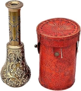 Decorative Brass Telescope with Floral Embossing and Red Leather Case, 12 inches - Afbeelding 1 van 1