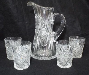 Antiker GUNDY CLAPPERTON & SONS geschnittenes Glas HOBSTAR & Fan KRUG & 4 GLÄSER SET - Bild 1 von 21