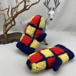 Funky Hand Knit Children's Large Winter Mittens Yellow Red Blue - Picture 1 of 5