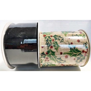 Christmas Ribbon Holly Berry Natural & Black Velvet Wired 4” - 2.5” wide New - Picture 1 of 8