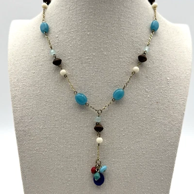 NY & Company Turquesa Blanco Azul Rojo Color Cuentas de Vidrio Madera Y Gota Collar 16" Foto 1 de 4