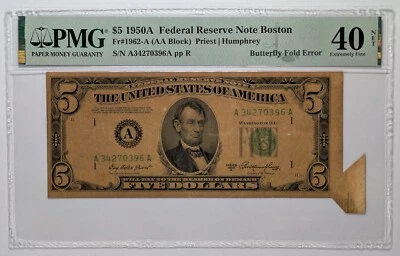 1950A $5 Toned Federal Reserve Note Boston PMG XF 40 NET Butterfly Fold Error - Image 1 of 3
