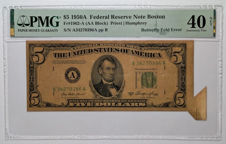 1950A $5 Toned Federal Reserve Note Boston PMG XF 40 NET Butterfly Fold Error - Image 1 of 3
