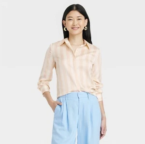 ☀️ (S) Women's Slim Fit Long Sleeve Satin Button-Down Shirt - A New Day - Picture 1 of 3