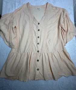 Rip Curl Oversized Tunic Flutter Sleeves Button Up Cotton Large Lagenlook Peach - Picture 1 of 13