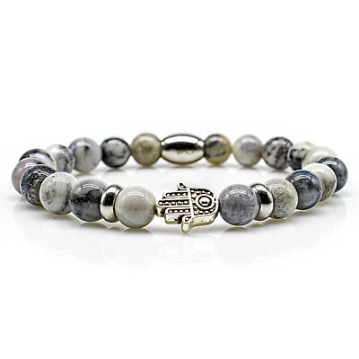 Achat Armband Bracelet Perlenarmband Fatima Hand silber 8mm Edelstahl - Bild 1 von 2