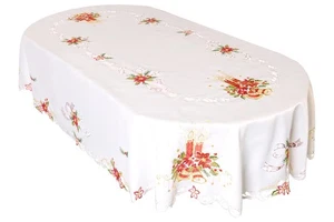 Holiday Tablecloth, White with Red Poinsettia Embroidered Design, Scalloped E... - Picture 1 of 1