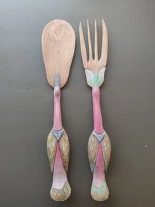 Tenedor de ensalada y cuchara de madera tallada a mano único de 12 pulgadas servidores aves - Imagen 1 de 15