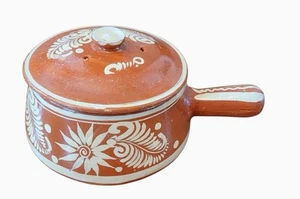 Vintage Redware Bohnentopf mit Deckel roter Ton handbemalt mit Griff - Bild 1 von 6