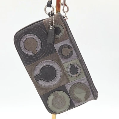 Coach Mini Wristlet Patchwork Signature C Logo Zip Clutch Purse Purple Lining - Image 1 of 4