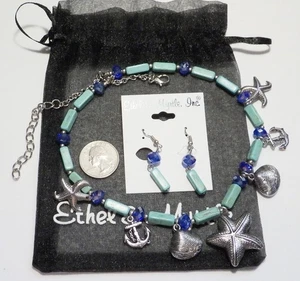 Ethel & Myrtle ST/Turquoise Bead Beach/Nautical Charm Necklace/Earrings Set NEW - Picture 1 of 6