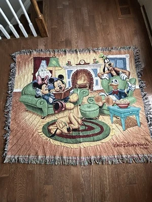 Disney World Woven Tapestry Throw Blanket 60 x 50 Mickey Minnie Pluto Fireplace - Image 1 of 4