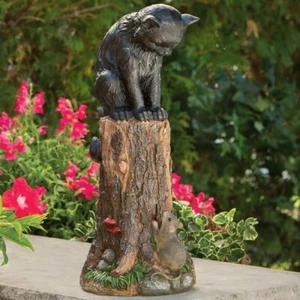 Cat Perched on Tree Stump & Inquisitive Mouse Life-Sized Garden Sculpture - Picture 1 of 1