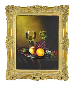 1970s Robert Nisznerni Hungarian Still life Oil Painting w Fruit and Wine Goblet - Picture 1 of 7