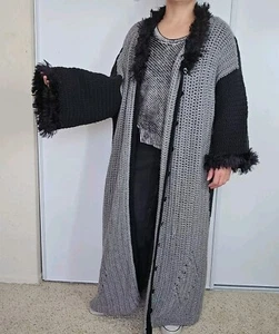 Vintage handmade Crochet Long Oversized Knit Cardigan One Size Grey Black 90S - Picture 1 of 18