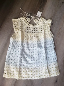 Jennifer & Grace sz S RARE Eyelet Ombre Yellow Blue Tie Back Flutter Sleeve Top - Picture 1 of 8