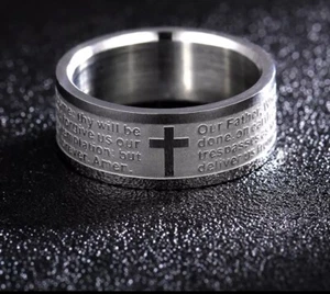 Stunning Titanium Stainless Steel Lords Prayer Religious Crucifix Ring - Picture 1 of 6