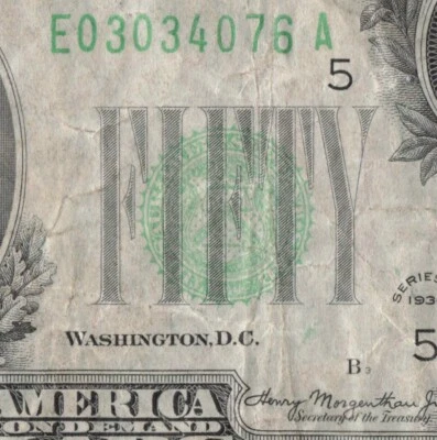 1934 Richmond Fifty Dollar Bill E030304076A B3 Back Plate 109 - Image 1 of 4