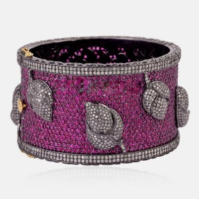 Victorian Vintage Rose Cut Shiny CZ & Rubies 90.33 TCW 925 SS Handmade Bracelet - Image 1 of 3