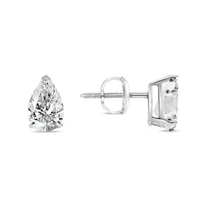 1 Ct Created Diamond Real 14K White Gold Pear Teardrop Earrings Studs Screw Back - Picture 1 of 3