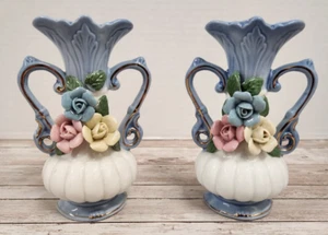 Knospenvase 2er Set blau weiß klein 5" Blumen rosa gelb Goldrand Griffe - Bild 1 von 8