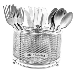 360° Rotating Metal Utensil Caddy - 4 Compartmentware Cutlery Holder Silver - Picture 1 of 2