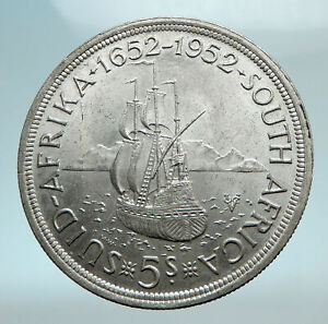 1952 SOUTH AFRICA 300th Cape Town Riebeeck w SHIP Silver 5 Shillings Coin i78579