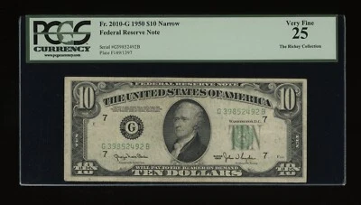DBR 1950 $10 FRN NARROW Chicago Fr. 2010-Gn PCGS 25 Serial G39852492B - Image 1 of 2