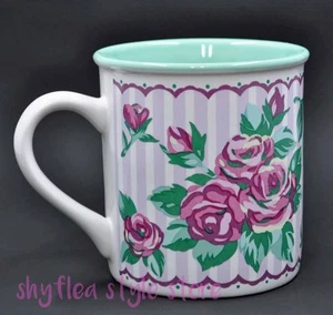 Papel Floral Coffee Mug Mint Green with Purple Mauve Roses and Stripes Cup - Picture 1 of 5