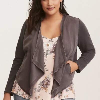 Torrid Grey Knit to Woven Drape Jacket 1x - Image 1 of 4