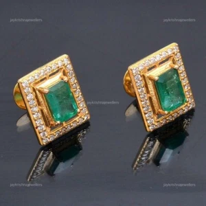 925 Sterling Silver Lab Diamond & Emerald Stud Earring, Christmas Gift Wife - Picture 1 of 4