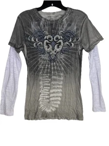 Vtg Y2K Sinful Layered Long Sleeve T Shirt Gray White Bling Size Large Grunge - Picture 1 of 7