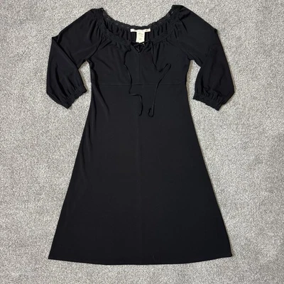 Max Studio Dress Womens Medium Black A-Line Boho Lace Trim 3/4 Sleeve Made USA - Image 1 of 4
