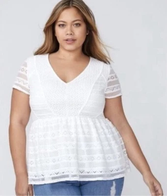 Lane Bryant Women’s Size 26/28 Shirred Peplum Lace V-Neck Top In Off White - Image 1 of 4