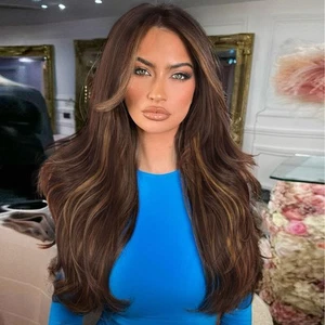Long Layered Wigs for Women, Brown Highlights Wavy Wigs, Long Brown Wavy Midd... - Picture 1 of 7