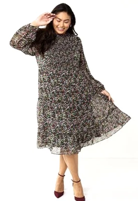DRAPER JAMES RSVP Green Floral Smocked Tiered Midi Dress Long Sleeve 2X NWT $78 - Image 1 of 4