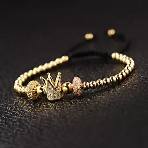 Luxury Men's Women Micro Pave CZ Ball Crown Beads Braided Bracelets Gift - Picture 1 of 24