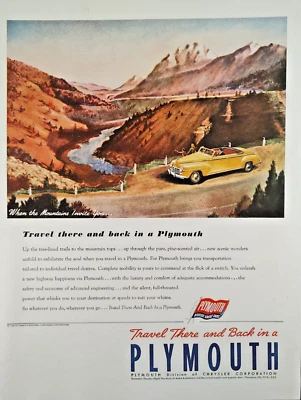 Anuncio impreso Plymouth 1946 ~ convertible amarillo en las montañas... Foto 1 de 4