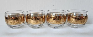 Vintage 4 barware glasses lowball roly poly style gold band crest fleur de lis - Picture 1 of 8