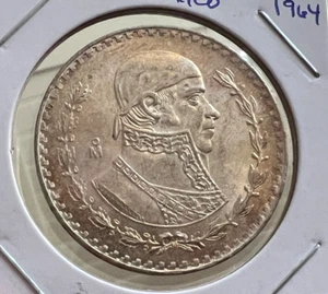 1964 MEXICO SILVER ONE PESO BRILLIANT UNCIRCULATED CROWN - Picture 1 of 2