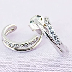 Dainty Sterling Silver Semi-Hoop Earrings With Small Cubic Zirconia Stones - Imagen 1 de 12