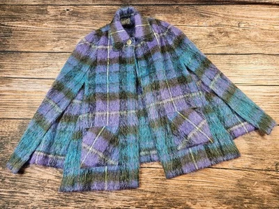 RARE VTG Mohair Wool Cape Cardigan Scotland Andrew Stewart Purple Plaid OS EUC - Image 1 of 4