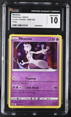 Pokémon Card MEWTWO Holo Rare #059 Sword & Shield Crown Zenith CGC 10 GEM MINT - Image 1 of 3