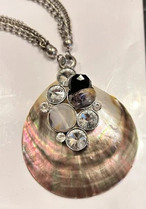 BLACK-LIP PEARL OYSTER SHELL w AGATE & BLING LONG MULTI-CHAIN STATEMENT NECKLACE - Picture 1 of 24