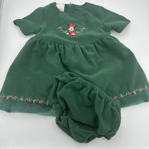 Vintage -Disney Store Minnie Mouse Embroidered Green Velvet Holiday Dress 12 Mos - Picture 1 of 15